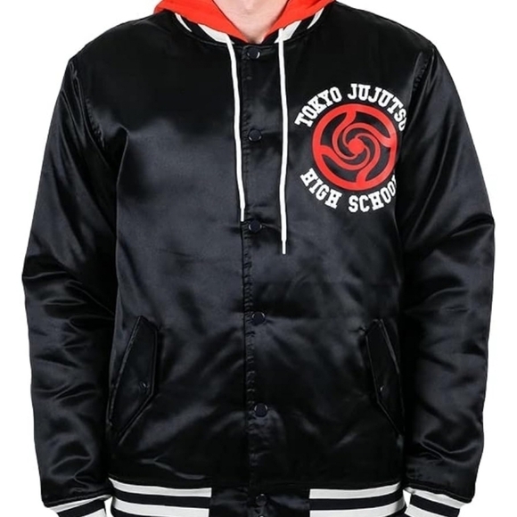 Bioworld Jujutsu Kaisen TJHS Logo Men's Navy Hooded Satin Bomber Jacket Large